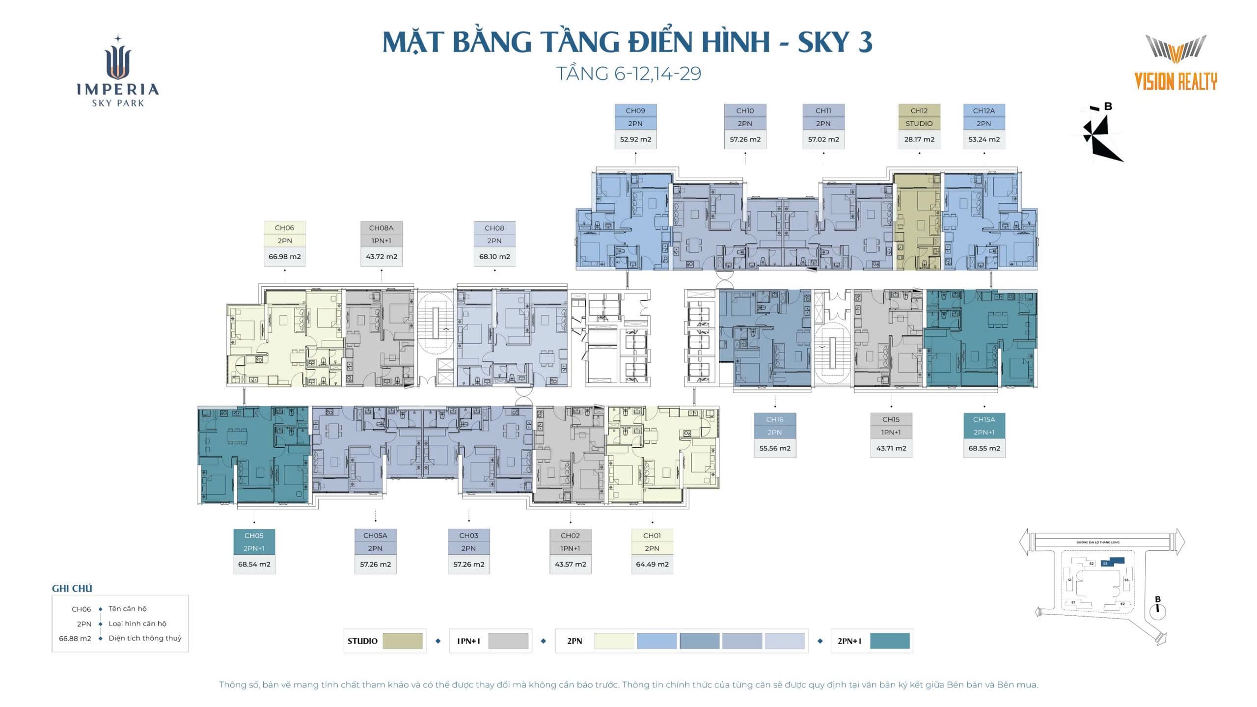mặt bằng tầng điển hình tầng 6-12, 14-29 toà S3 Imperia Sky Park Nam An Khánh